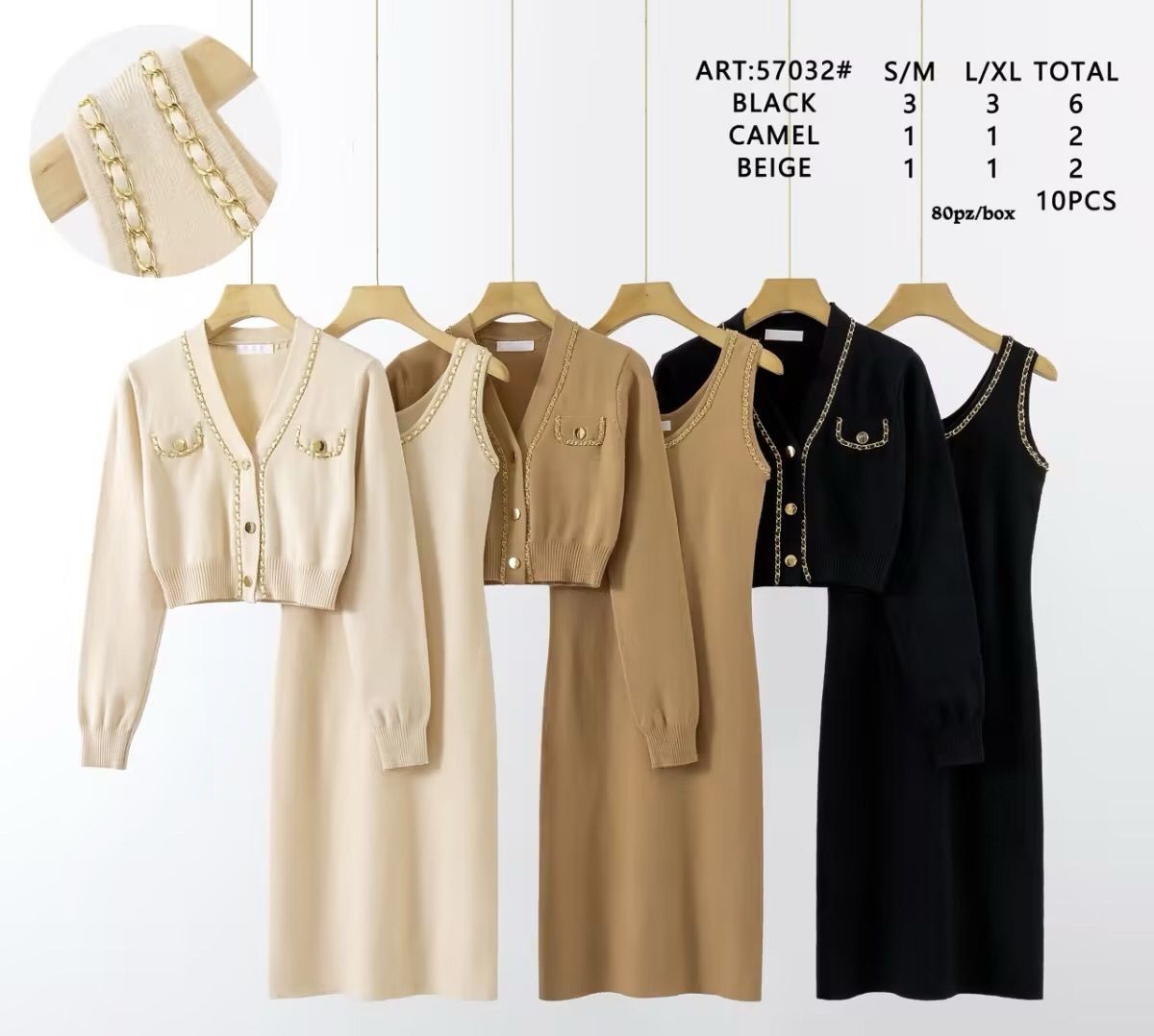 57032# - Women’s Knit Two-Piece Dress and Cardigan Set with Chain Detailing